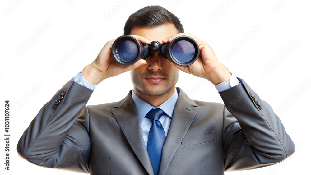 Businessman looking through binoculars, strategic planning and vision concept. Isolated on transparent or white background. Businessman looking through binoculars, strategic planning and vision concept. Isolated on transparent or white background.