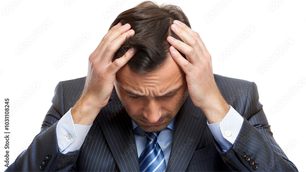 Stressed businessman with hands on head, isolated on transparent or white background. Stressed businessman with hands on head, isolated on transparent or white background.