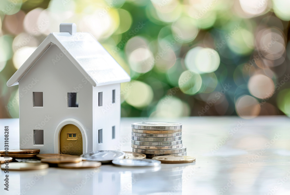 House model and money coins. Concept of saving money for buying a house, mortgage financing, investment House model and money coins. Concept of saving money for buying a house, mortgage financing, investment