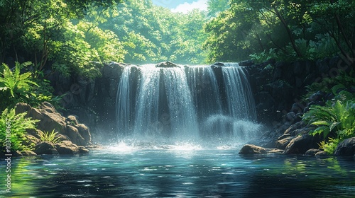 A serene waterfall surrounded by lush greenery and tranquil waters.