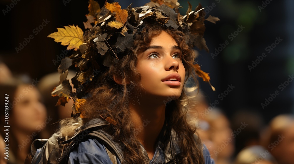 Student dressed in costume with leaves on head performing in school play Student dressed in costume with leaves on head performing in school play