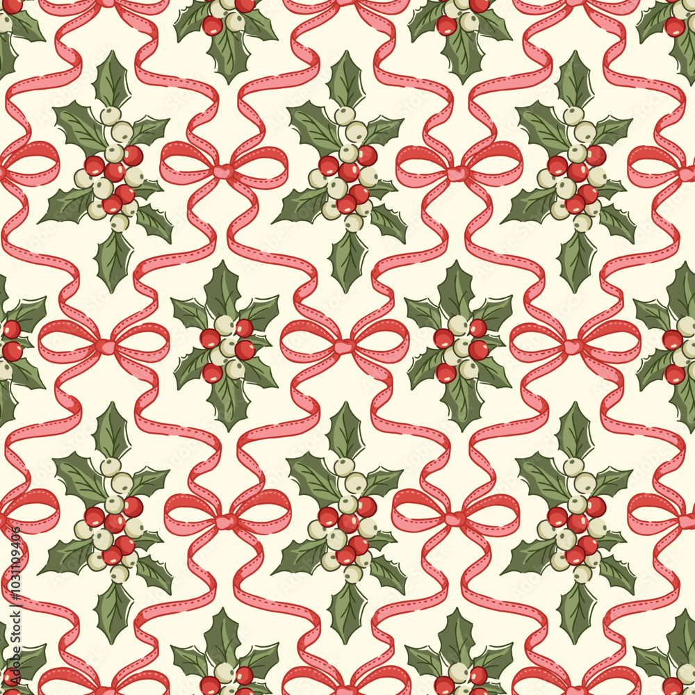 Retro Christmas pattern with holly berries, decorative bows. Nostalgic winter seamless vector design with traditional blend of festive elements, perfect for holiday gift wrap, textiles, prints.