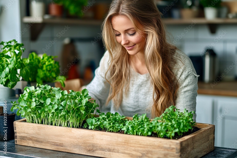 woman seeding microgreens in wooden box woman seeding microgreens in wooden box