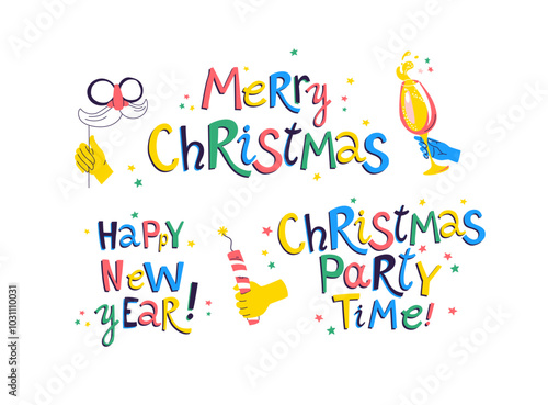 Festive Holiday Messages Bright, colorful set of cheerful Christmas and New Year greetings