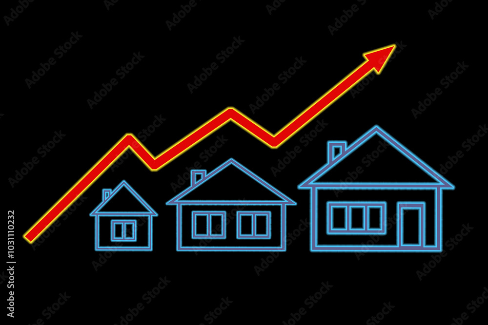 Real estate. Houses and upwards arrow on black background, illustration Real estate. Houses and upwards arrow on black background, illustration