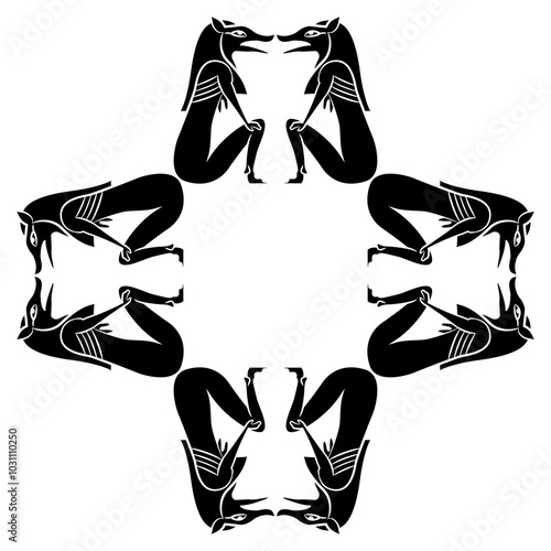 Geometrical animal frame with seated Ancient Egyptian pharaoh foxes. Black and white silhouette.