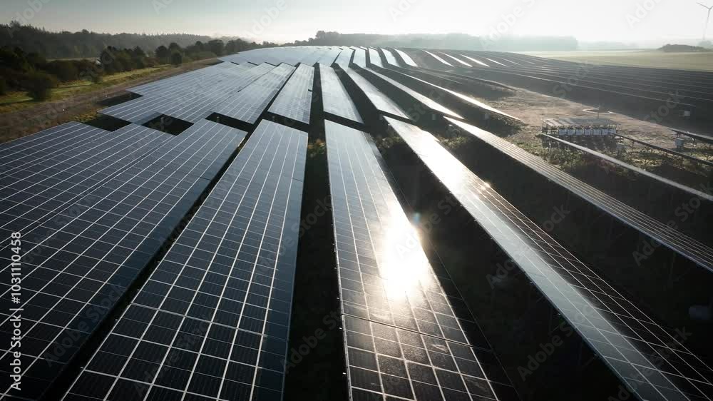 Aerial view of vast solar farm with rows of sleek solar panels illuminated by the soft morning sun, reflecting light on background of misty fields and trees. Ground-mounted solar photovoltaic panels. Aerial view of vast solar farm with rows of sleek solar panels illuminated by the soft morning sun, reflecting light on background of misty fields and trees. Ground-mounted solar photovoltaic panels.