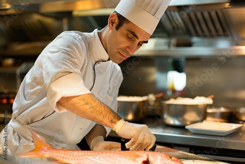 Chef preparing fresh fish on a wooden cutting board, seasonally enhancing flavor with salt while demonstrating culinary skills in a professional kitchen setting photo