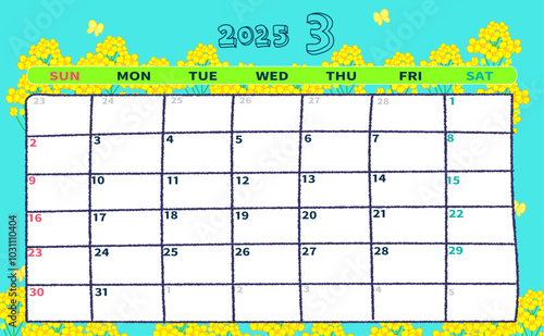 2025年3月の月間カレンダー