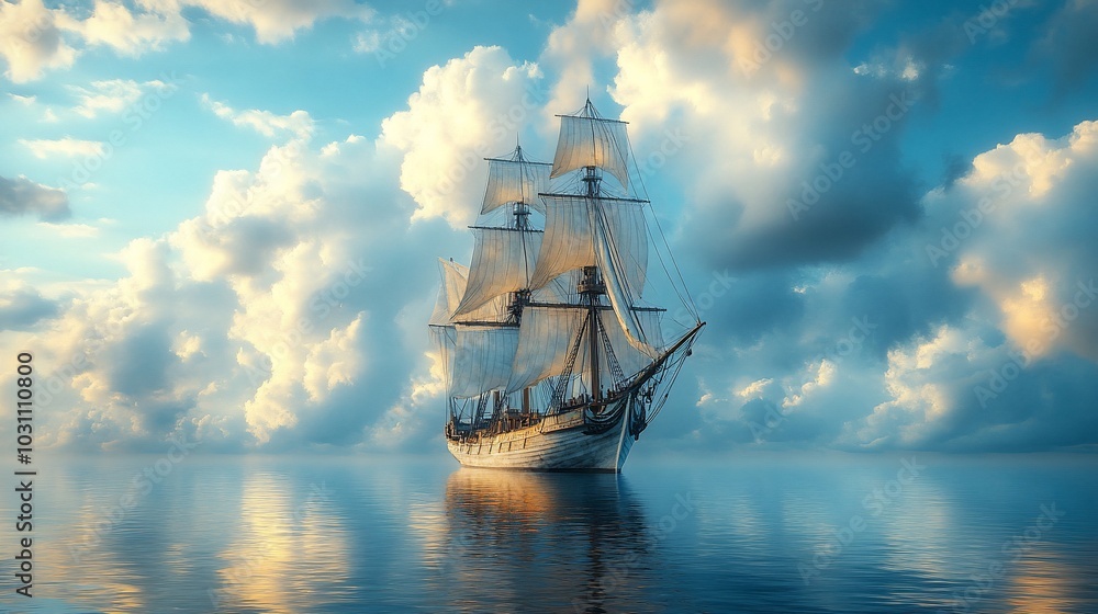 Obraz premium A majestic sailing ship glides through calm waters under a sky filled with clouds.