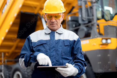 Concept banner automated logistics online internet. Dump truck driver man in uniform with tablet computer controls loading of cargo or coal. photo