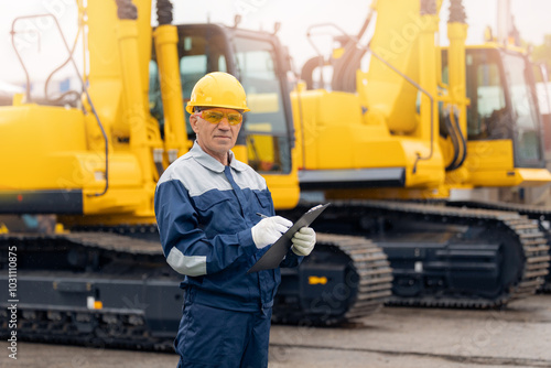 Industrial worker male senior in helmet holds tablet computer on background of production of excavator factory.