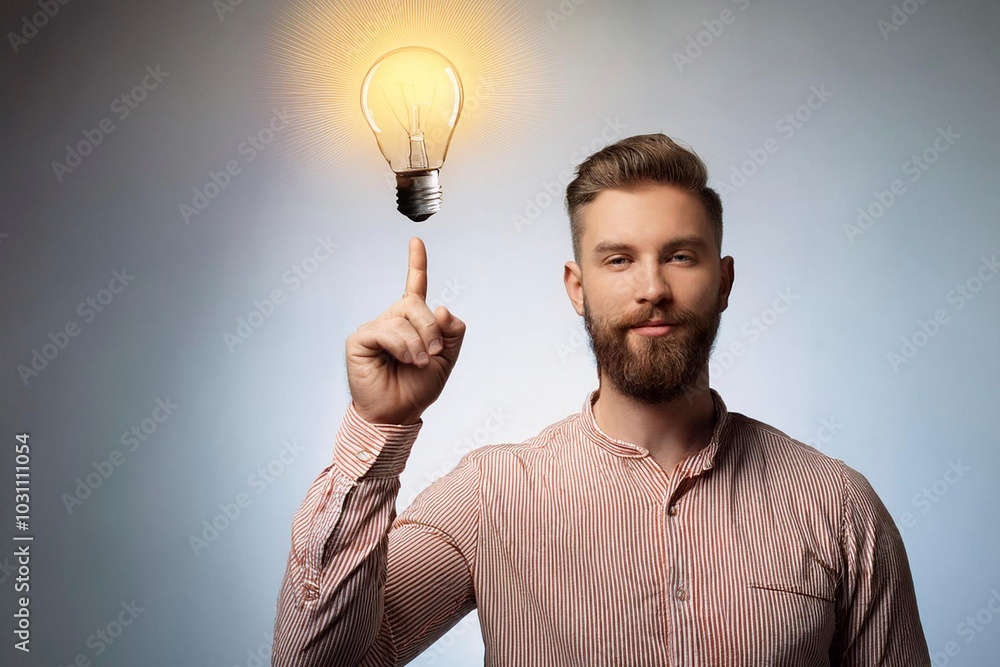 A portrait of a man pointing upward at a glowing light bulb, symbolizing creativity, innovation, and inspiration. Ideal concept for new ideas and problem-solving visuals.