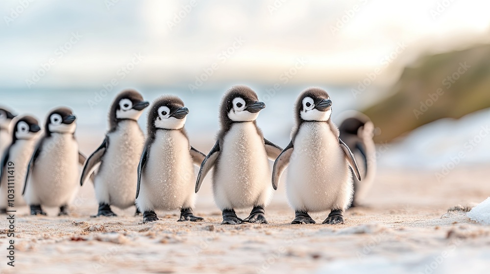 Obraz premium A group of adorable penguin chicks waddle along a sandy beach at sunset.