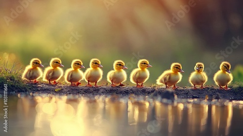 A line of fluffy yellow ducklings standing at the edge of a pond, bathed in the golden light of sunset.