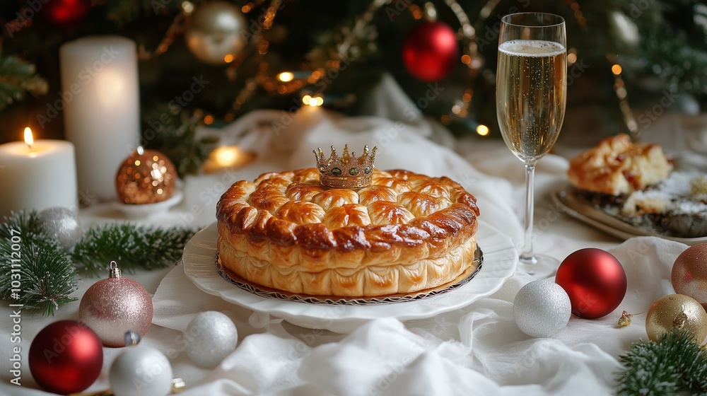 Festive French New Year's setting with a Galette des Rois cake and a glass of champagne, with holiday ornaments, streamers, and a small crown as decorations Festive French New Year's setting with a Galette des Rois cake and a glass of champagne, with holiday ornaments, streamers, and a small crown as decorations