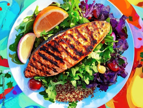 A vibrant depiction of a pescatarian lunch, featuring grilled fish, mixed greens photo