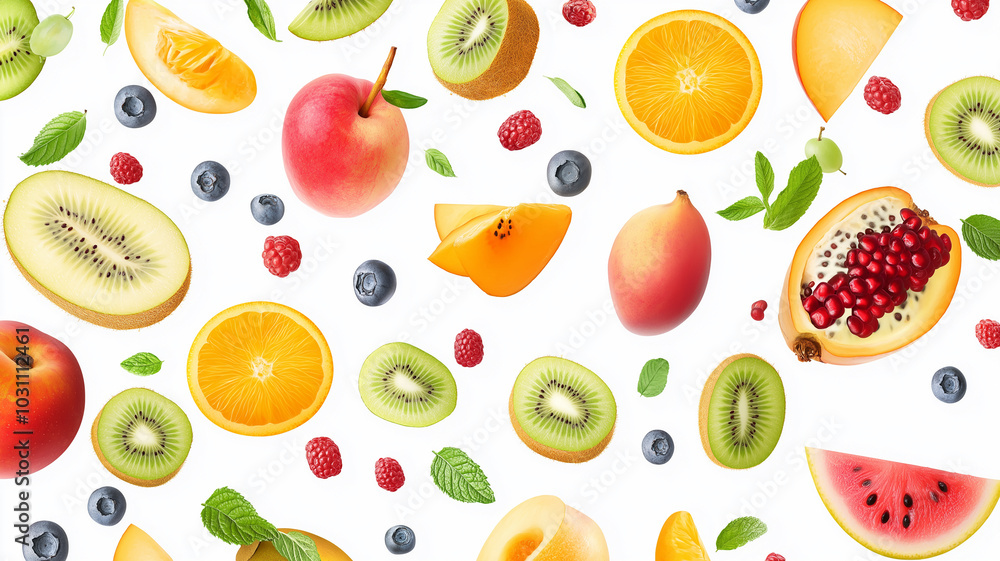 Flying different fresh fruits in the air on a white background. Falling fruits mix multifruit Flying different fresh fruits in the air on a white background. Falling fruits mix multifruit