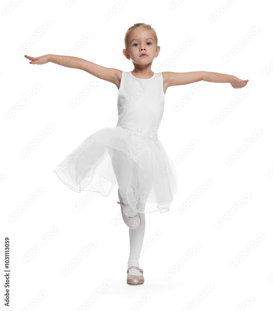 Obraz premium Little girl pretending to be ballerina on white background. Dreaming of future profession