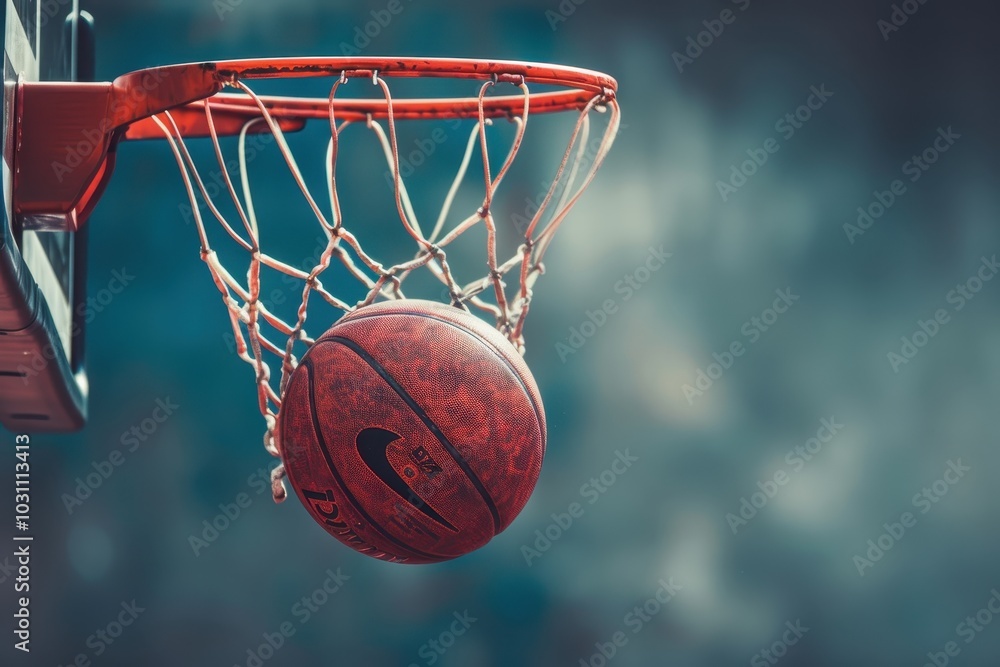 A basketball perfectly swishes through the net at an outdoor court surrounded by trees during a sunny day in the park A basketball perfectly swishes through the net at an outdoor court surrounded by trees during a sunny day in the park
