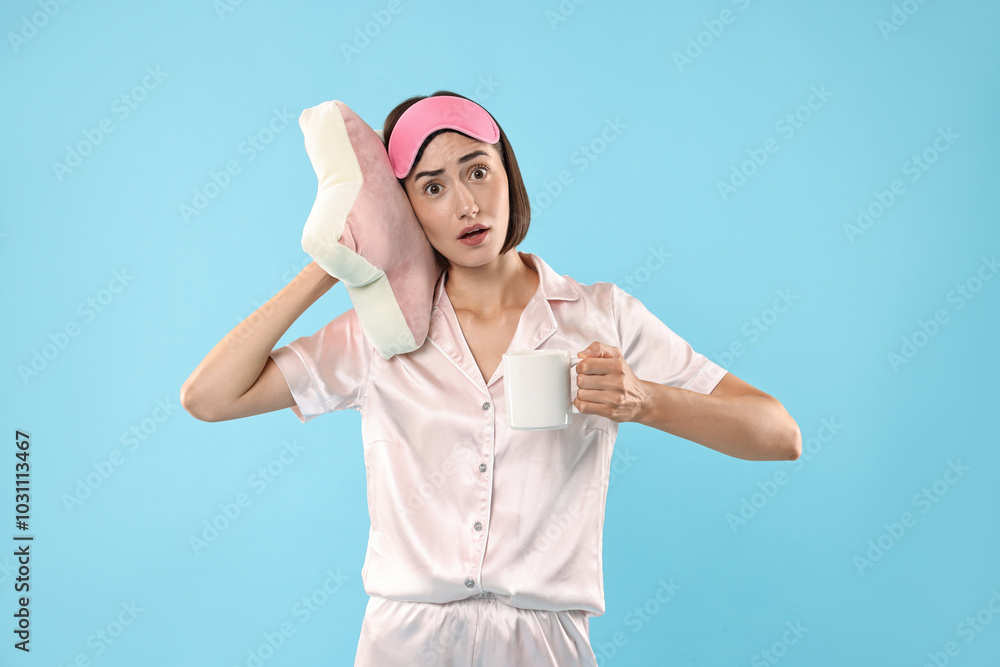 Overslept young woman with sleep mask, cup and pillow on light blue background Overslept young woman with sleep mask, cup and pillow on light blue background