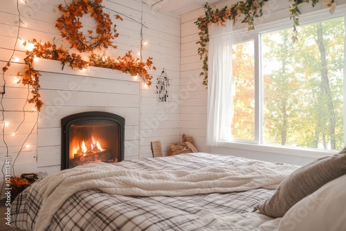 Cozy fall bedroom with a crackling fireplace and autumn decor overlooking a serene outdoor landscape
