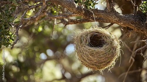 A woven bird's nest hangs from a branch in a tree.