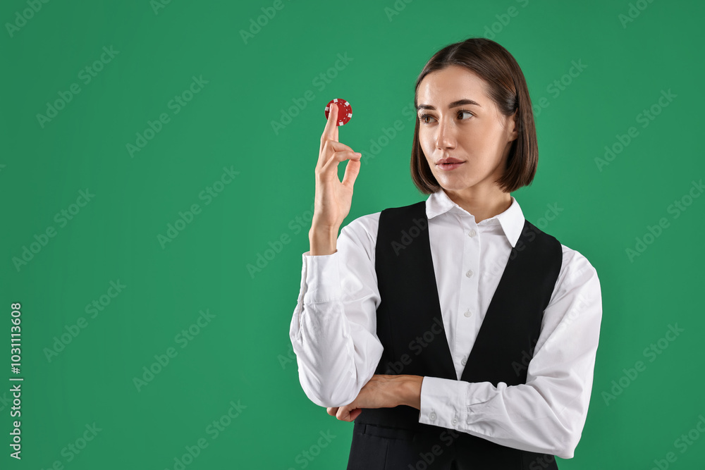 Croupier with casino chip on green background. Space for text Croupier with casino chip on green background. Space for text