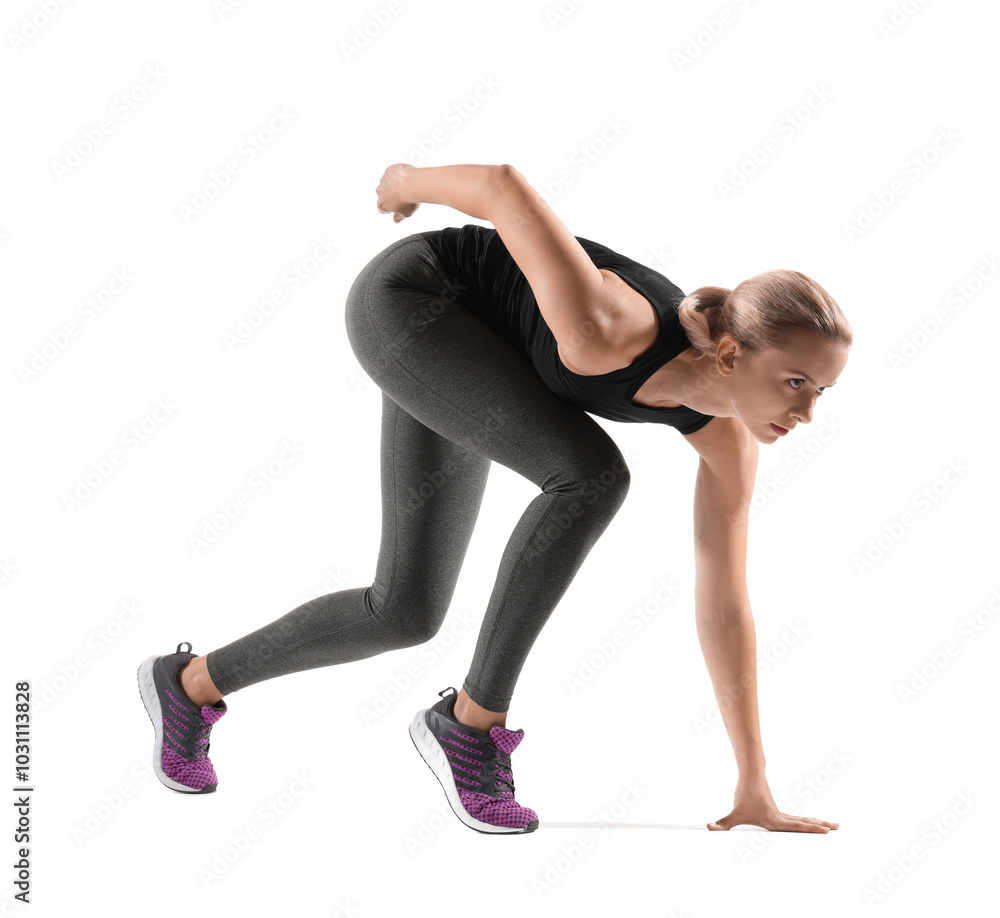 Runner in starting position on white background Runner in starting position on white background