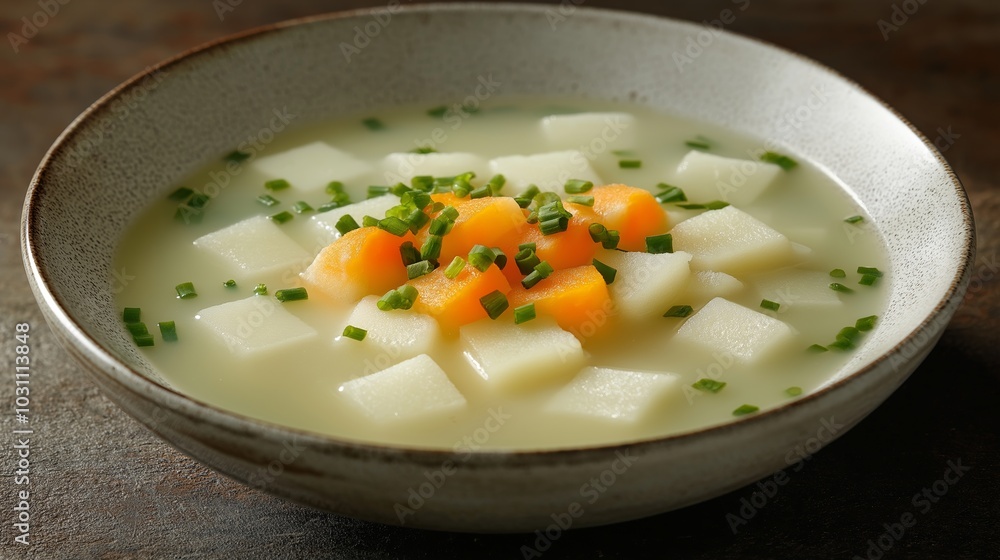Korean 'Tteokguk' rice cake soup, traditional dish eaten on Lunar New Year, served in a white bowl Korean 'Tteokguk' rice cake soup, traditional dish eaten on Lunar New Year, served in a white bowl
