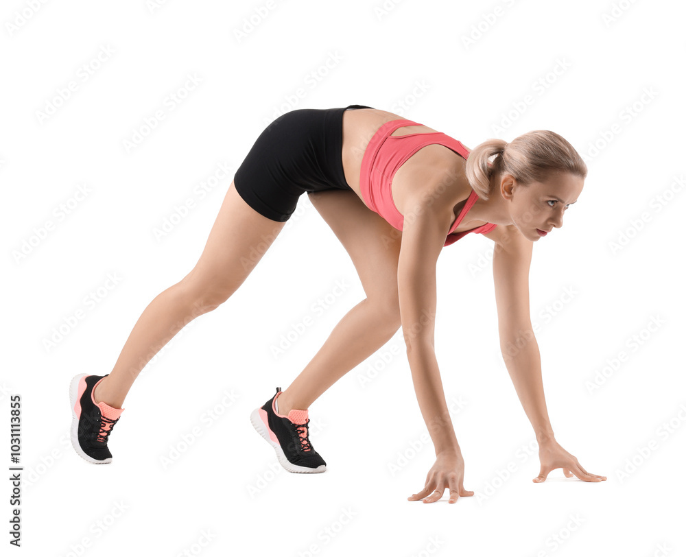 Runner in starting position on white background Runner in starting position on white background