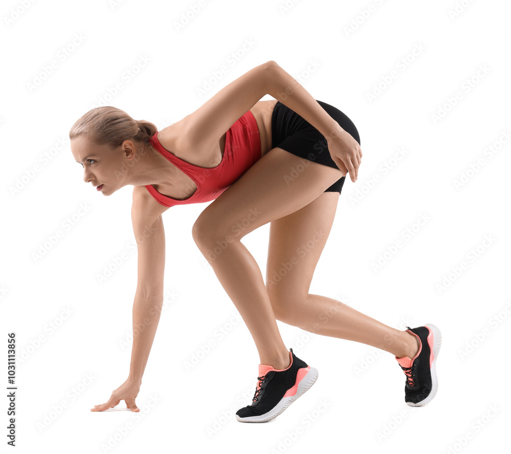 Runner in starting position on white background Runner in starting position on white background