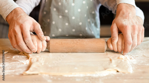 Homemade Food Concept. Unrecognizable Man And His Little Daughter Rolling Pastry Dough Together, Cooking Bakery In Kitchen, Cropped Image, Closeup