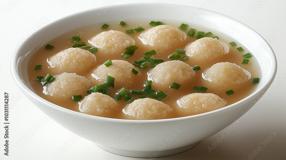 Korean 'Tteokguk' rice cake soup, traditional dish eaten on Lunar New Year, served in a white bowl Korean 'Tteokguk' rice cake soup, traditional dish eaten on Lunar New Year, served in a white bowl