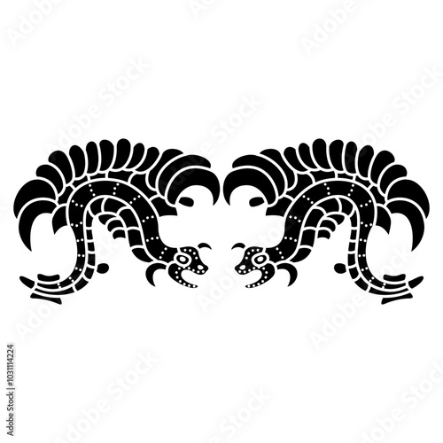 Symmetrical ethnic design with two fantastic dragons. Feathered serpents. Native American motif of Mayan Indians. Black and white silhouette.