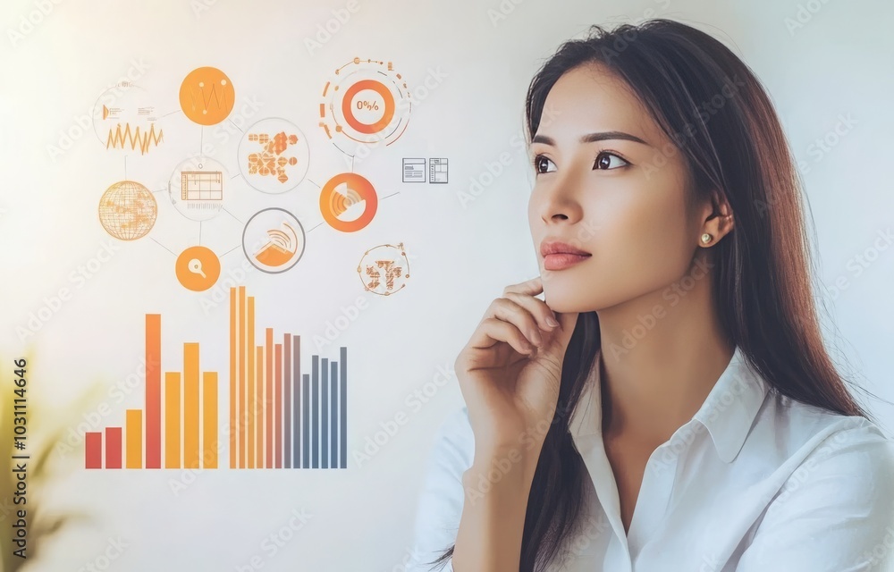 Businesswoman Presenting Financial Plan: Executive Discussing Marketing Strategies with Graphs and Diagrams for Success. Businesswoman Presenting Financial Plan: Executive Discussing Marketing Strategies with Graphs and Diagrams for Success.
