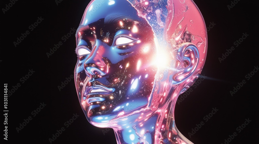 A sleek, modern bust of a female figure, crafted from a transparent, refractive glass material that catches and bends light in intriguing ways. A sleek, modern bust of a female figure, crafted from a transparent, refractive glass material that catches and bends light in intriguing ways.