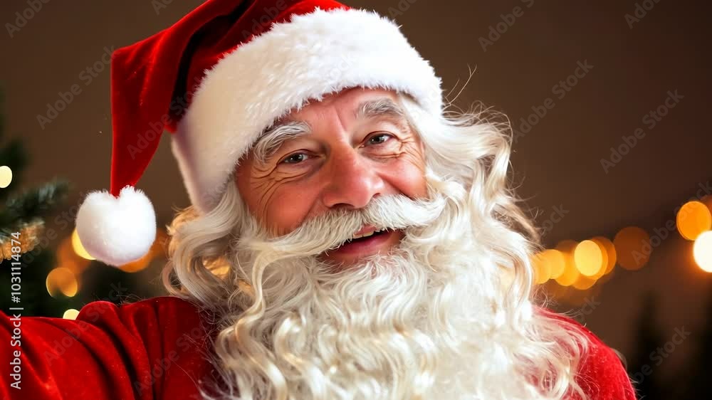 Santa Claus raises his hand and waves, smiling. Christmas holiday Santa Claus raises his hand and waves, smiling. Christmas holiday