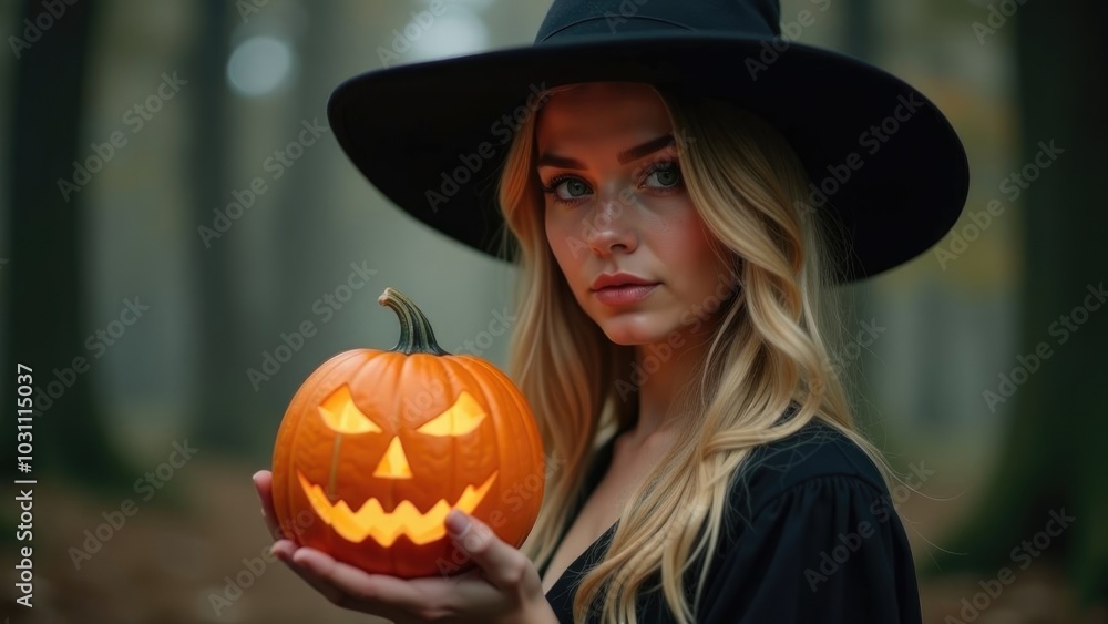 Portrait of a beautiful blonde woman wearing a witch's hat holding a carved pumpkin in a mystical forest. Halloween celebration concept Portrait of a beautiful blonde woman wearing a witch's hat holding a carved pumpkin in a mystical forest. Halloween celebration concept