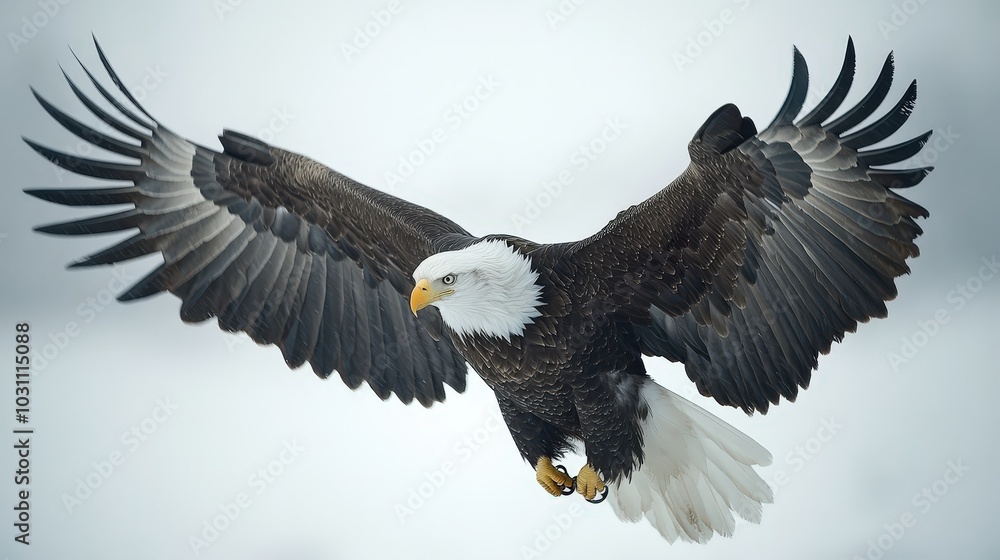 Majestic Bald Eagle Soaring in Hyperealistic Quality on White Background - High Contrast Lighting Studio Image perfect for Product Designers and Photoshop Artists.