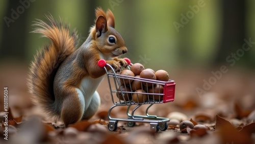 A red squirrel is pulling a small shopping cart full of nuts in the woods 