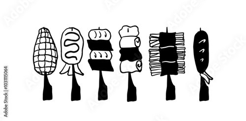 Street Food Minimalist Doodle Set | Two Color Black & White Vector Illustration | Perfect for food blogs, menus, and culinary projects