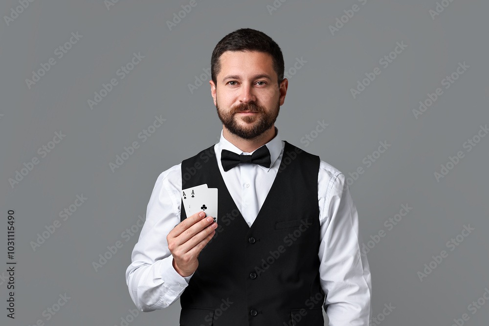 Professional croupier with playing cards on grey background Professional croupier with playing cards on grey background