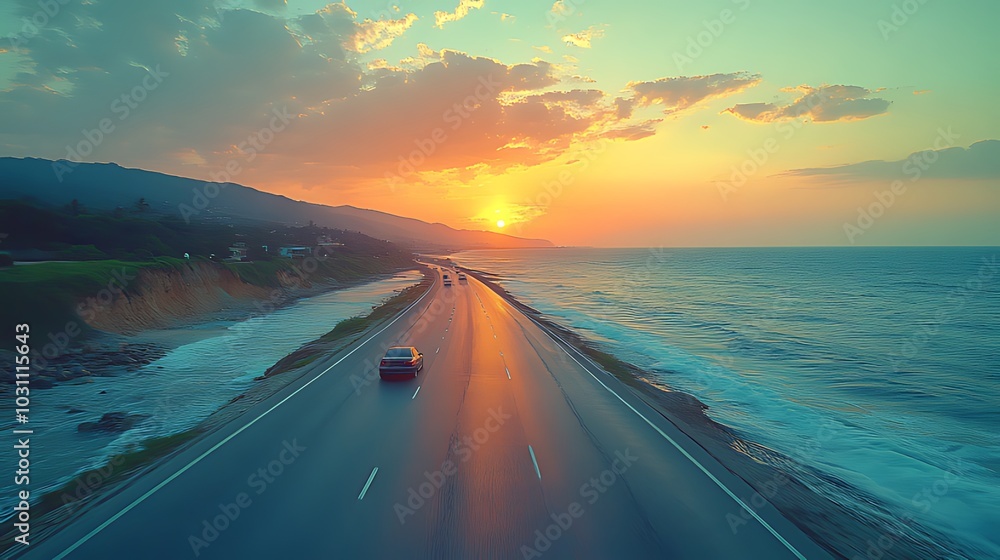 Fototapeta premium A scenic highway runs along a coastline with a vibrant sunset in the background.