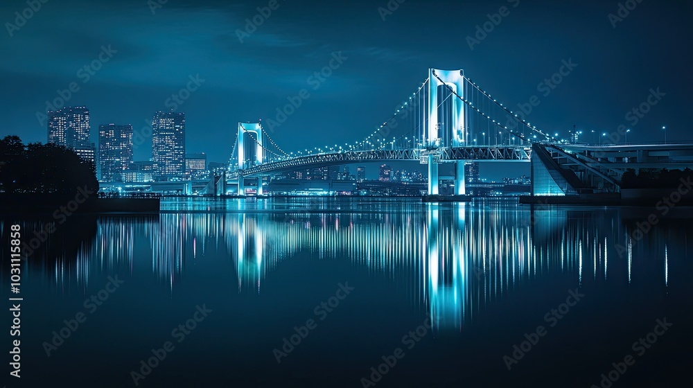 Fototapeta premium A bridge illuminated with blue lights, reflecting in the water at night.