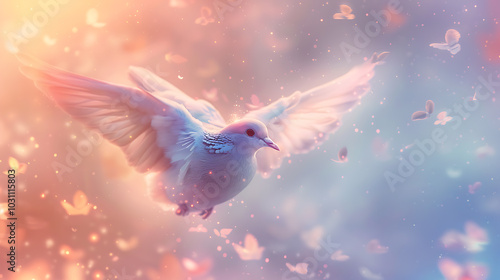 fantasy creature, small, elegant bird with pastel petal-like feathers and a glowing trail of petals the cloudpetal dove nurtures cloud gardens with its magical plants and sings a peaceful lullaby