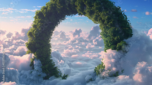 fantasy forest portal, a hidden, soft round entrance in a lush forest, high in the sky beyond the clouds photo