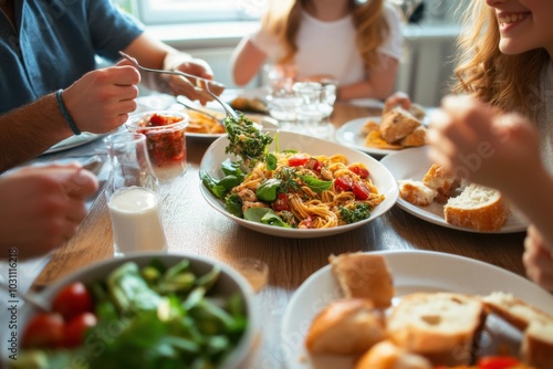 A vibrant family dinner with vegan meals, featuring pasta, salads