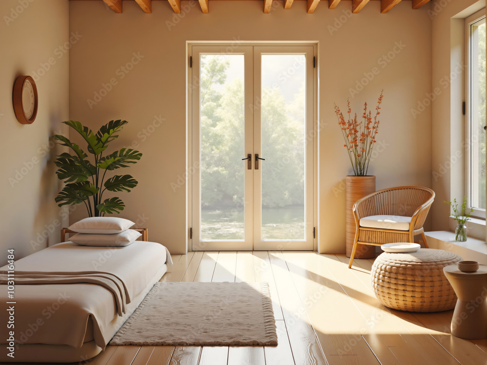 Fototapeta premium Sunlight illuminating modern, minimalist bedroom with houseplant