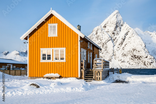 Traditional yellow rorbu house and Olstind mountain peak in Sakrisoy fishing village on Lofoten islands, Norway. Winter landscape with snowy mountains and Scandinavian cottage